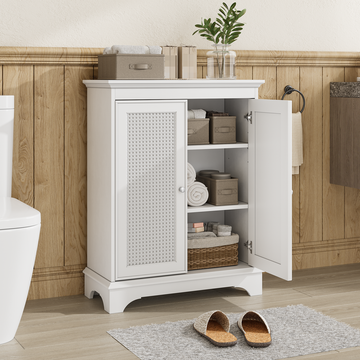 White two door rattan storage cabinet with adjustable partition, medieval modern independent buffet cabinet, multifunctional decorative cabinet suitable for living room, kitchen, bathroom, corridor