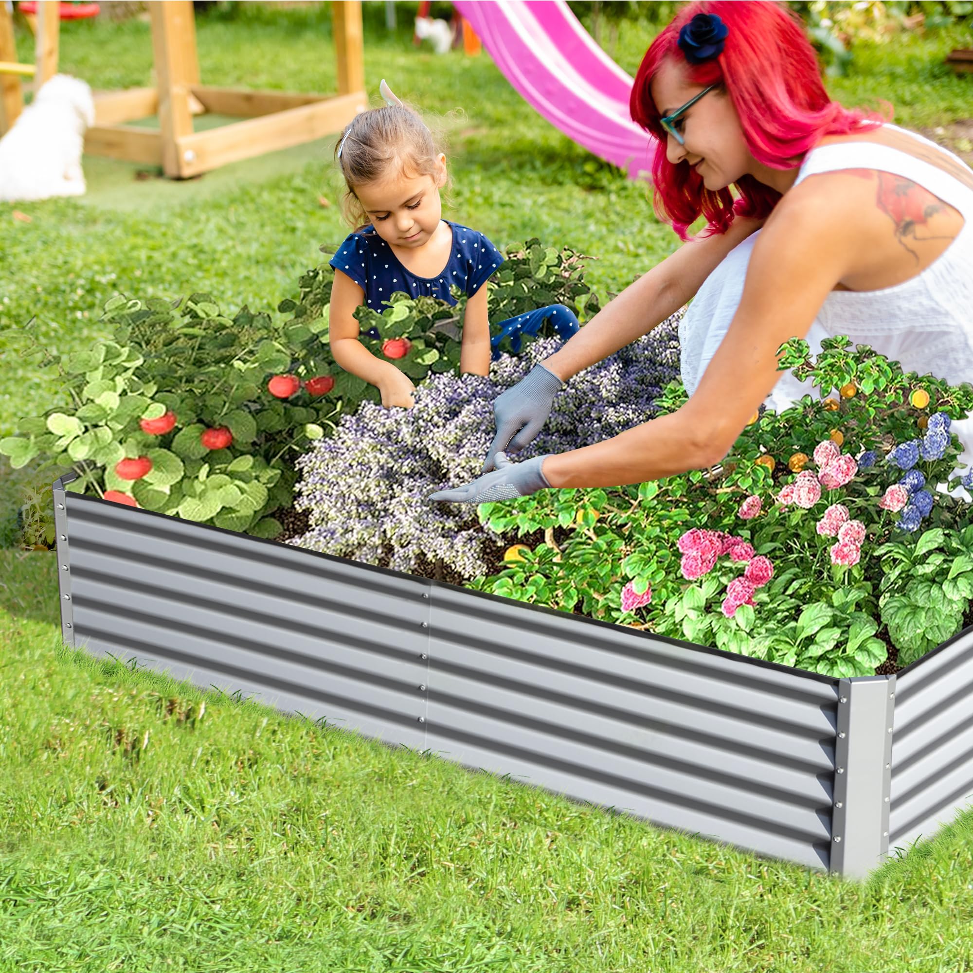 8x4x1.5 ft Galvanized Raised Garden Bed, Outdoor Planter Garden Boxes Large Metal Planter Box for Gardening Vegetables Fruits Flowers, Silver/Green/Gray