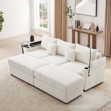 95.3" Modern Style 3-Seater Sofa Sectional Sofa Couch with Storage Space, Two Movable Ottomans, Two USB Ports, Two Cup Holders, A Phone Holder for Living Room, Green/Beige/Grey