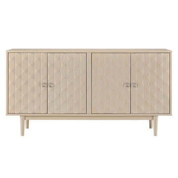 Clihome Modern 4-door Sideboard with Convex Pattern Doors and 2 Silver Handle for Living Room, Dining Room, Kitchen (Almond)