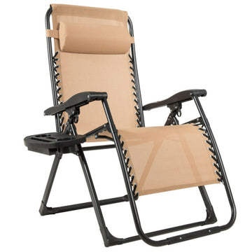Heavy Duty Oversize Foldable Outdoor Lounge Chair with Cup Holder and Detachable Pillow