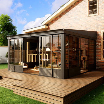 12 ft. x 14 ft. Wall Mounted Gazebo, All-Season Patio Gazebo Sunroom with Side Door, Outdoor Permanent Sunroom