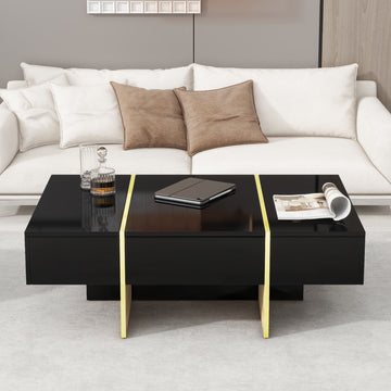 47.2'' x 31.4''Minimalist High Gloss Coffee Table with 2 Drawers, Multi-Storage Rectangle Sofa Table with Golden Wood Grain Legs, Modern Center Table for Living Room, Black/White