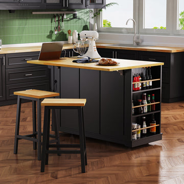 Kitchen Island Cart with Barn Doors & Storage Shelves, 5 Lockable Casters Kitchen Island, Black