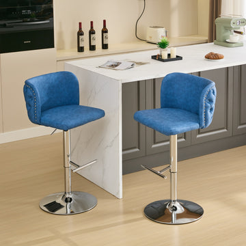 Swivel Barstools Adjusatble Seat Height With Chrome Base, Modern PU Upholstered Bar Stools with the whole Back Tufted, for Home Pub and Kitchen Island,Blue, Set of 2