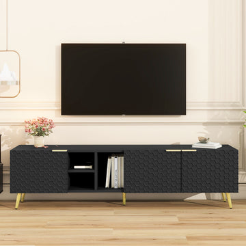 Modern Minimalist Geometric TV Cabinet with Metal Handles and Gold Legs for TVs Up to 80'', Multi-functional TV Stand with Storage Cabinets, Entertainment Center for Living Room, Black/White