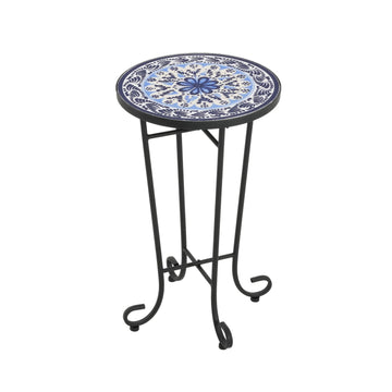 Outdoor Side Table with Colorful Tile Top – French Country Style Patio Accent Table, Powder-Coated Steel Frame with Adjustable Legs