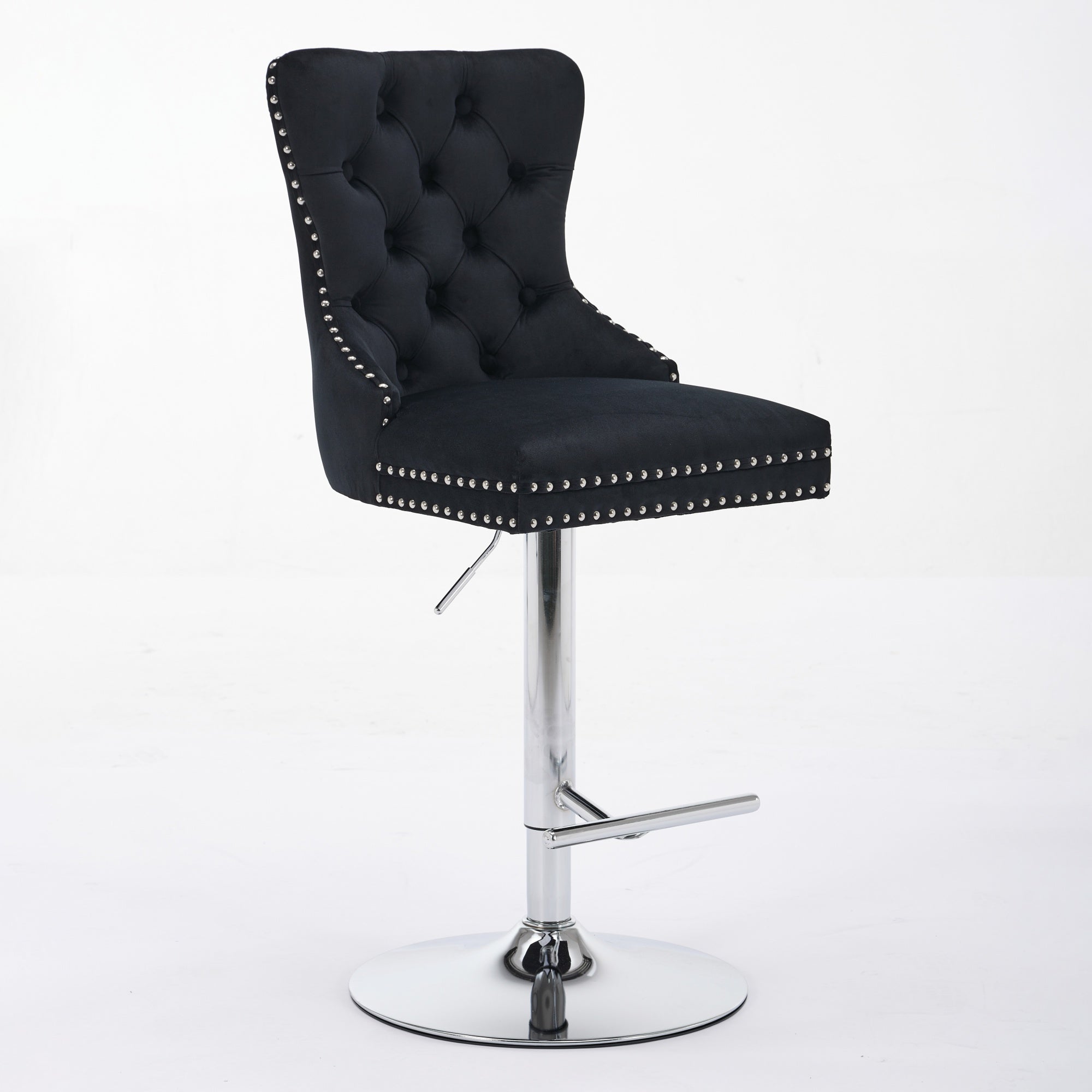 Thick Chrome Swivel Velvet Barstools,Adjustable 25-33"Height,Modern Upholstered with17.7" Base,Tufted Buttons&Diamond Pleating,Sponge&Spring Seat,for Home Pub&Kitchen Island(Black/Gray/Blue, Set of 2)