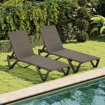 Pool Lounge Chairs Set of 2, Wicker Adjustable Outdoor Chaise Lounge with Wheels, Poolside Chairs
