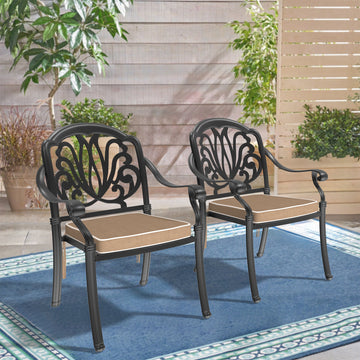 Clihome 2Pcs Patio Dining Chair Cast Aluminum Chair with Black Frame and Cushions