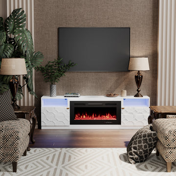 70.08'' W Storage Credenza Cabinet With LED Light Electric Fireplace Included