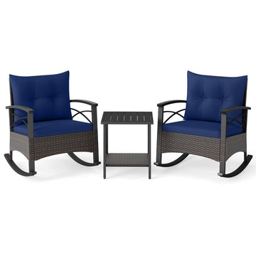 Clihome 3 Piece Rocking Bistro Set PE Rattan Rocker Chairs with Acacia Wood Top Table