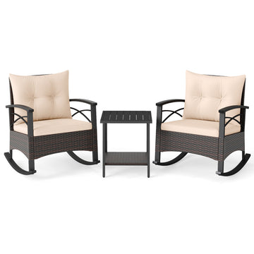 Clihome 3 Piece Rocking Bistro Set PE Rattan Rocker Chairs with Acacia Wood Top Table