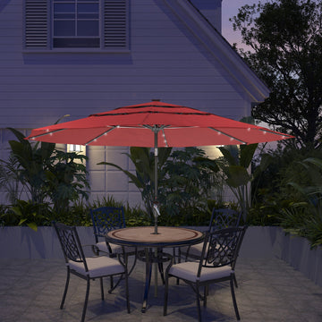 3-Tier Patio Umbrella with Led Lights 10ft Outdoor Patio Table Umbrella Large Umbrella Pool Umbrella For Deck, Pool, Garden, Patio,Red