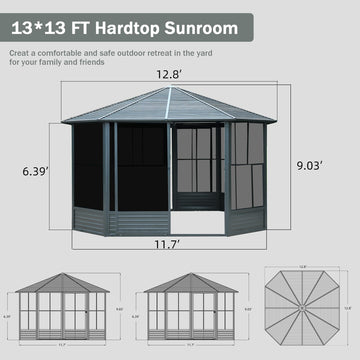 13 x 13 FT Sunroom Octagonal Solarium,Screen Houses for Outdoors Backyard with Lockable Sliding Door,Moveable PC Screen,Galvanized Steel Sloping Roof