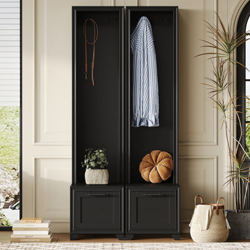 ON-TREND Elegant Free Standing Hall Tree Set of 2, Multifunctional 3-IN-1 Entryway Coat Rack with Black Retro Handles, Seating Bench with Storage Drawers for Hallway, Living Room, White/Black, 31.4