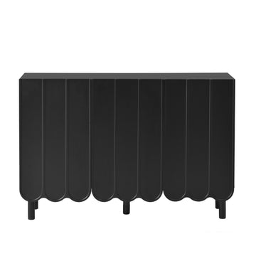 Clihome Cream Style Minimalist Shoe Cabinet with 5 Solid Wood Legs, Sideboard Buffet Cabinet with Adjustable Shelves, Large Storage Cabinet with Wave Doors for Living Room, Black
