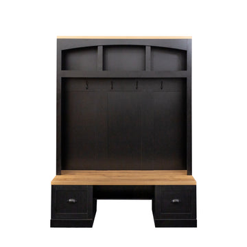 Clihome Farmhouse 4-in-1 Hall Tree with Wood Grain Bench and Top, Multifunctional Coat Rack with Black Hooks and Shell Handles, Mudroom Bench with Adjustable Shelves for Hallway, Living Room, Black