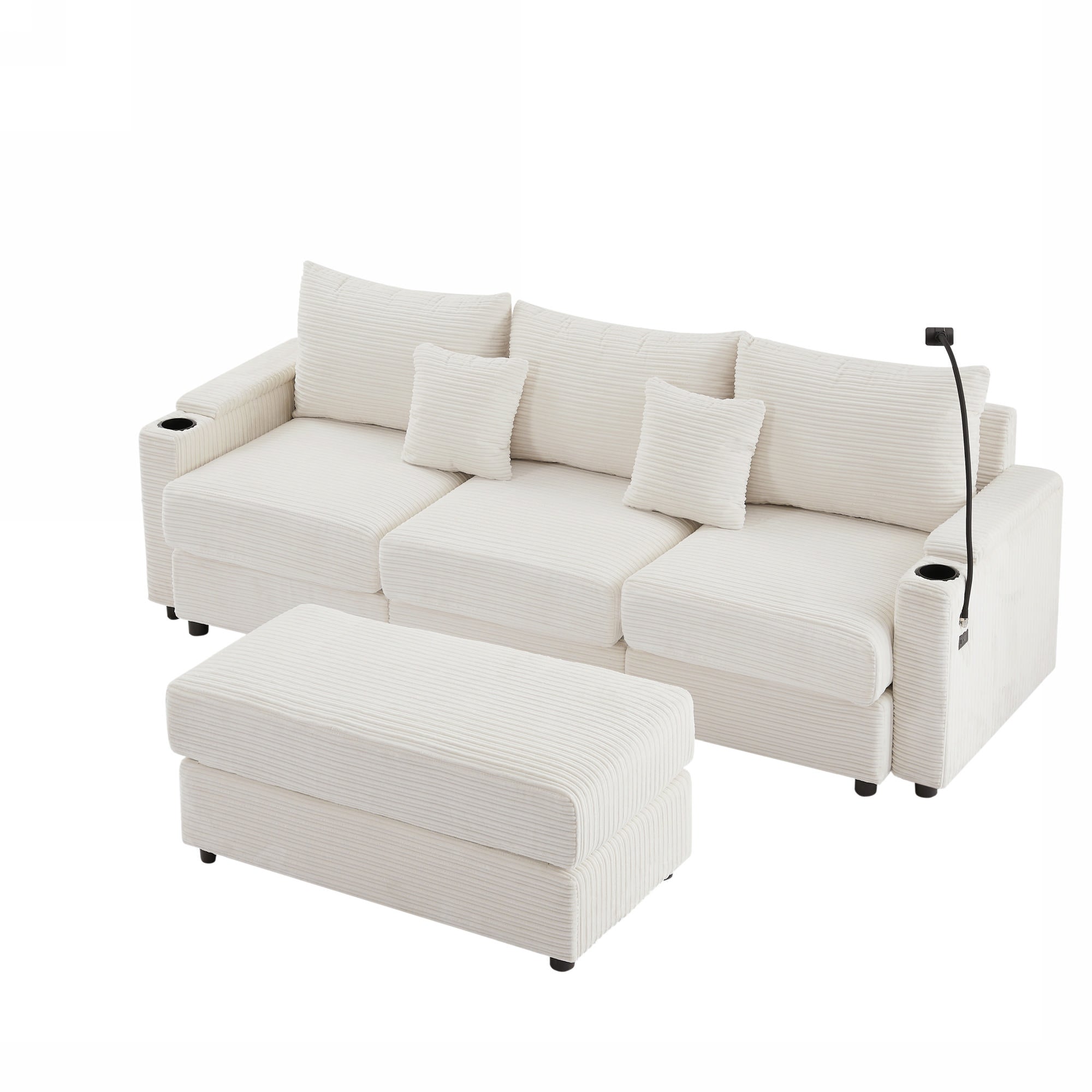 95.3" Modern Style 3-Seater Sofa Sectional Sofa Couch with Storage Space, A Movable Ottoman, Two USB Ports, Two Cup Holders, A Phone Holder for Living Room, Beige