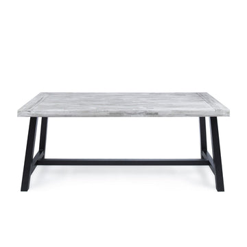 Outdoor Light Grey Sandblast Finish Acacia Wood Dining Table with Black Rustic Metal Finish Frame