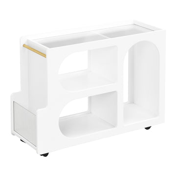 Clihome Mobile End Table with Lockable Wheels, Narrow Coffee Table with 5mm Thick Fluted Tempered Glass, Modern Nightstand with Golden Round Rod, Living Room, White, 31.5''W x11.8''D x 23.1''H