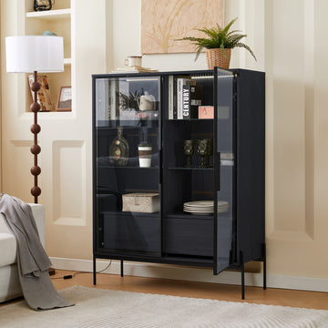 51.2'' Tall Lighted Display Cabinet with Tempered Glass Door, Metal Legs, LED Curio Cabinet, Modern minimalist style, for Living Room, Office, Study, Brown/Black