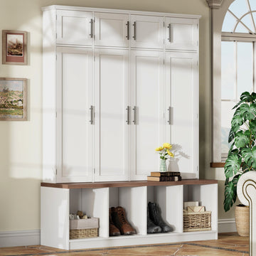 ON-TREND Farmhouse Hall Tree with 4 Hidden Hanging Hooks, Versatile Walnut Seating Bench with 8 Doors, Entryway Shoe Cabinet with Open Compartments for Living Room, Black/White/Blue