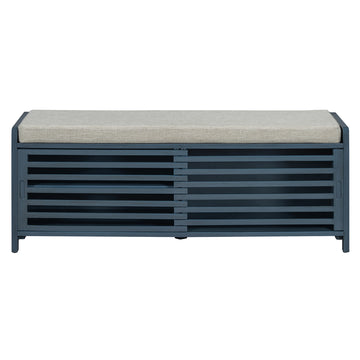 Clihome Shoe Bench with Storage and Cushion, Distressed Shutter Storage Bench with Retro Charm for Living Room, Entryway (Navy)
