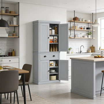 72 Inch Freestanding Storage Cabinet - Gray Kitchen Pantry with Adjustable Shelves