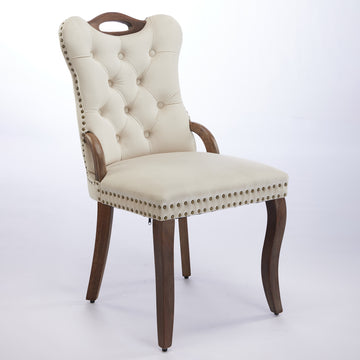 Velvet Dining Chair with Handmade Tufted Trim, Solid Wood Handles on Top and Sides, Vintage Copper Nail Decoration, Curved Solid Wood Legs, Elegant Overall Shape,Set of 2,Beige/Gray