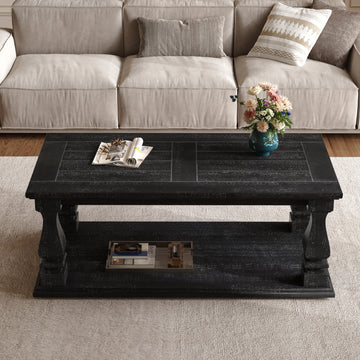 Weathered Black Farmhouse Coffee Table, Plank Top Coffee Table with Storage Shelf for Living Room