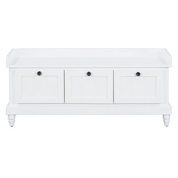 Clihome Classic Shoe Bench with Cushion and Three Drawers, Fluted Entryway Bench with Storage for Living Room, Entryway, and Hallways (White)