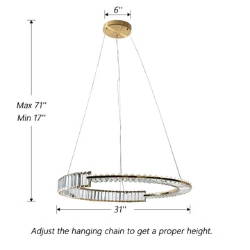 Modern Crystal Chandelier for Living Room,31 inch Large LED Ceiling Light Fixture,71" H x 31 W,for Dining Room Kitchen Island Foyer,1800mm Adjustable Length for High Ceiling