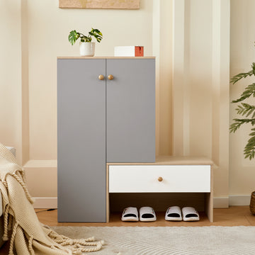 Multi-functional Shoe Storage Bench & Shoe Cabinets, Shoe Rack with Bench, Adjustable Shelves for Hallway, Entryway, White & Gray