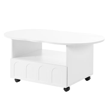Clihome Flexible Cream Style Coffee Table with 2 Brake Wheels, Cloud Top Side Table with Drawer, Irregular Center Table with Large Storage for Living Room, White, 39.37''x 23.6''