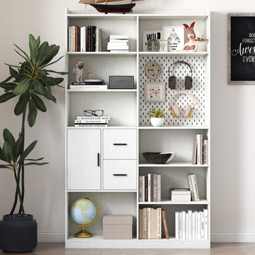 Bookshelf and Bookcase with Pegboard and Drawer or Kitchen Pantry Cabinet , 9 Cubby Display Book Shelves, Modern Wide Wood Shelving Unit for Living Room or Kitchen and Dinning Room,White