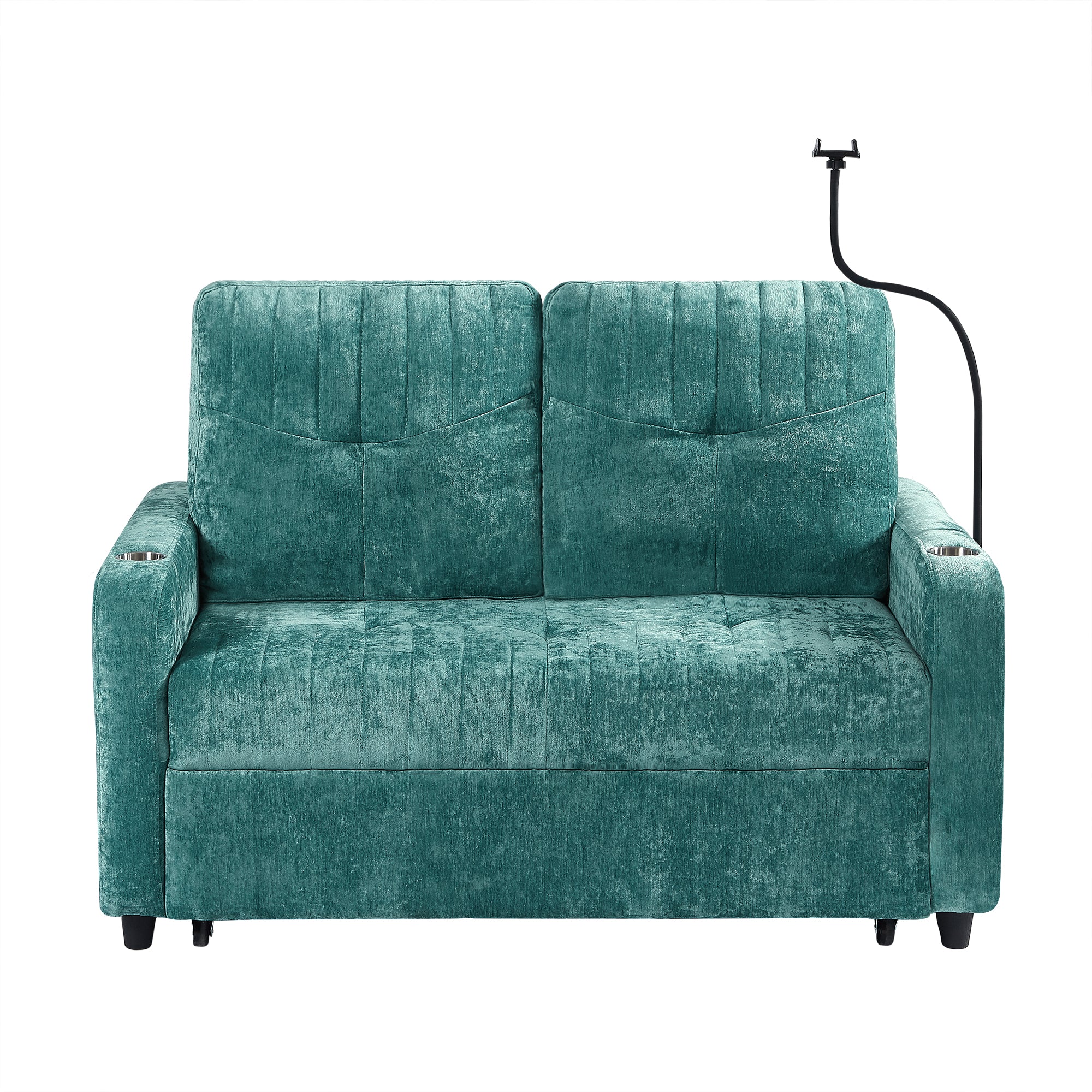 53.9" Modern Loveseat Pull-out Sofa Bed with Adjustable Backrest, Two Cup Holders , a Phone Holder, Three Charging Ports and Side Storage Pockets for Living Room, Teal/Grey/Beige