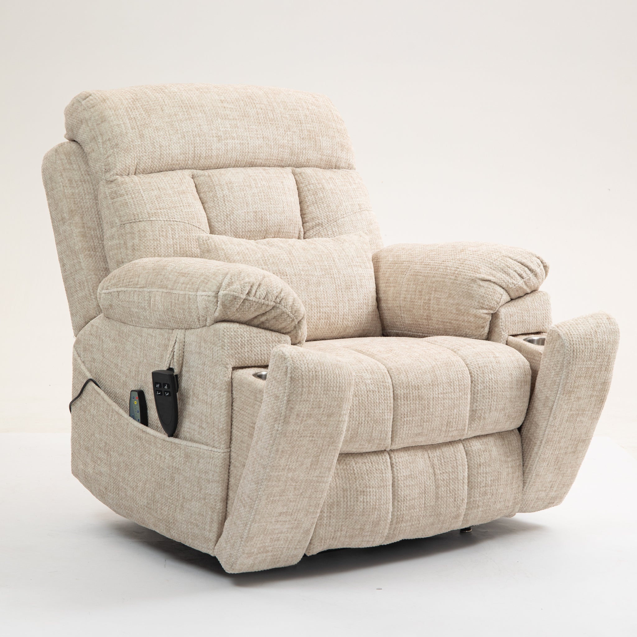 Old age electric lift chair, flat high density foam electric sofa, with heating and massage functions, can tilt to 180 degrees, 2 pocket cup holders, 2 remote controls, dual OKIN motors