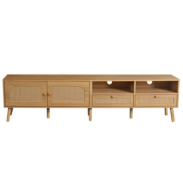 Boho TV Stand for TVs up to 85'' , Modern Farmhouse Media Console, Entertainment Center with Solid Wood Legs, TV Cabinet for Living Room, Home Theatre