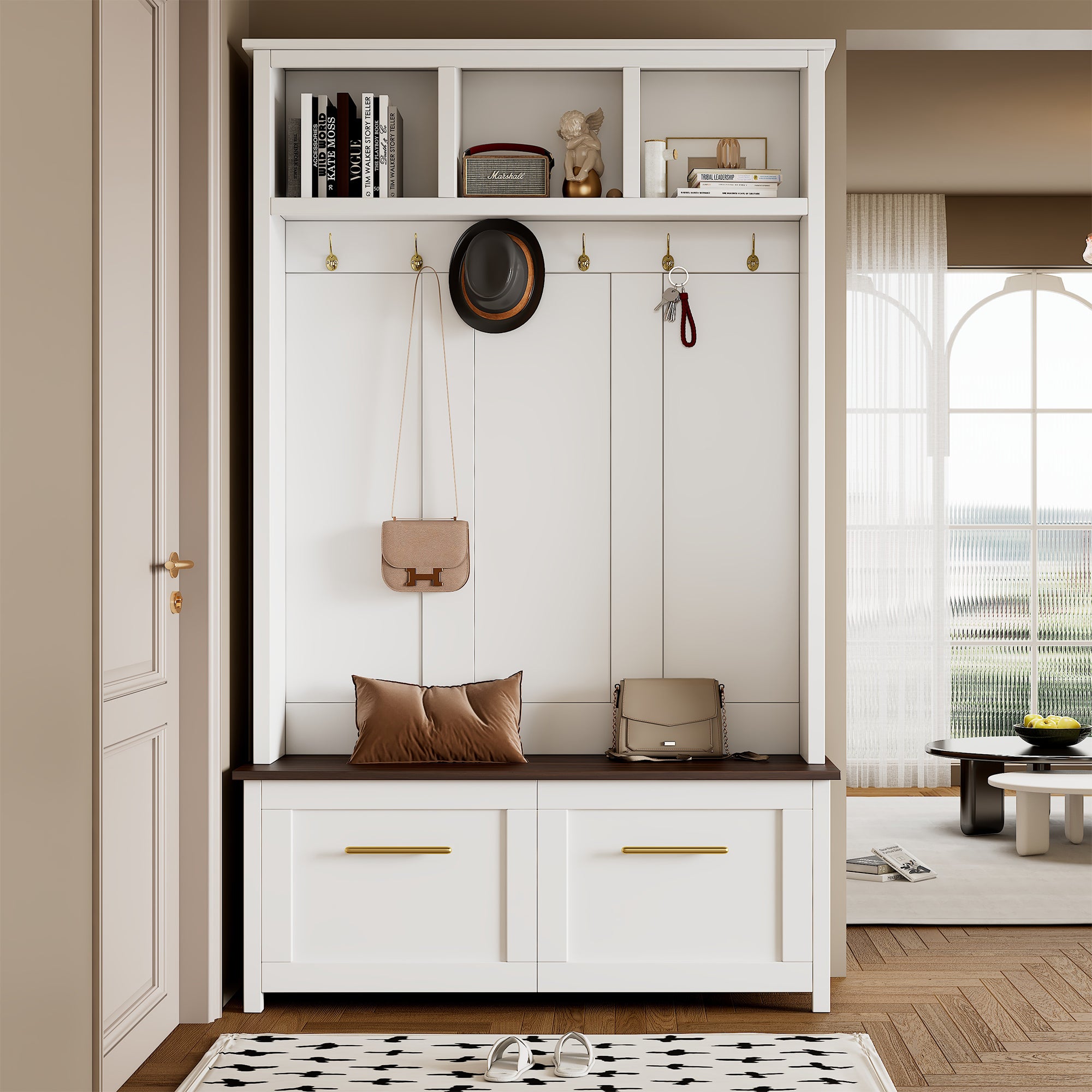 Versatile 4-in-1 Hall Tree with 6 Golden Hooks, Wood Grain Bench with Multiple Storage Space, Entryway Coat Rack with 2 Drawers for Living Room, Hallway, White/Balck, 76.6''H