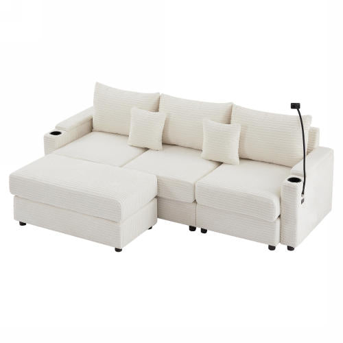 95.3" Modern Style 3-Seater Sofa Sectional Sofa Couch with Storage Space, A Movable Ottoman, Two USB Ports, Two Cup Holders, A Phone Holder for Living Room, Beige