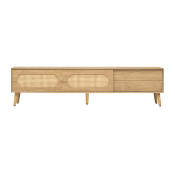Boho TV Stand for TVs up to 80'' , Modern Farmhouse Media Console, Entertainment Center with Solid Wood Legs, TV Cabinet for Living Room, Home Theatre