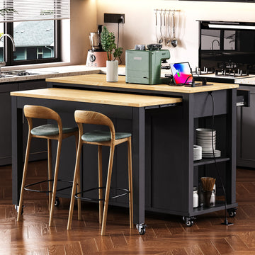 Kitchen Island with Extendable Table, 47.2"¡Á19.7" Mobile Kitchen Island Cart, Black