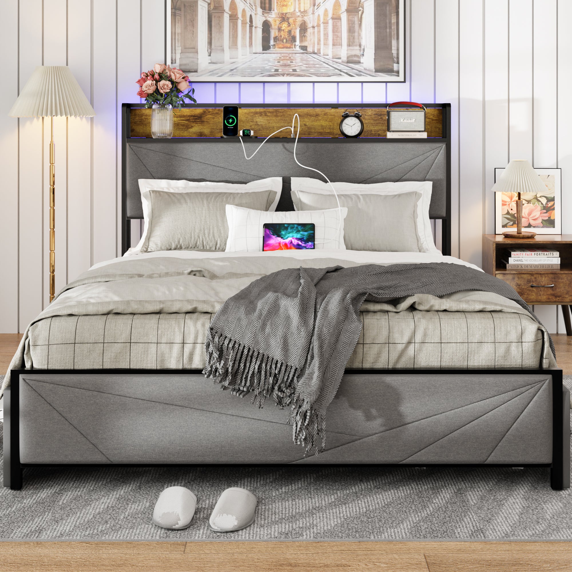 Full Size Bed Frame with 4 Storage Drawers and 2 USB Ports, Upholstered Platform Bed Frame with Storage Headboard Charging Station and metal Slat Support, No Box Spring Needed, Dark Grey.