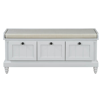 Clihome Classic Shoe Bench with Cushion and Three Drawers, Fluted Entryway Bench with Storage for Living Room, Entryway, and Hallways (Light Gray)