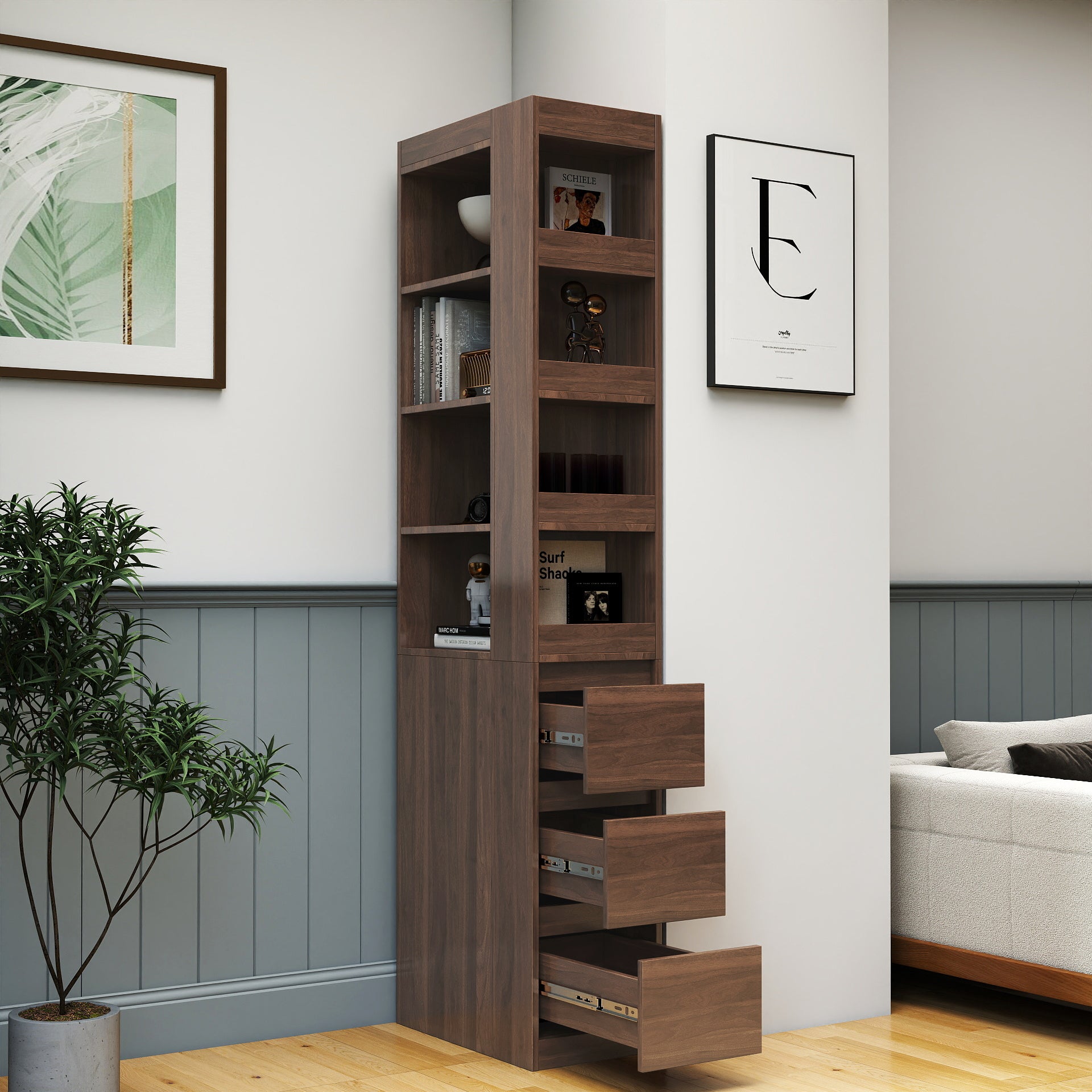 70.87" H Display Storage Cabinet , 4-Tier Shelf, 3 Side Drawers & 4 small display shelves , Modern Wooden Tall Bookshelf Bookcase for Living Room Home Office