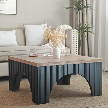 Modern Rustic Wooden Coffee Table with Black Base – Solid Wood Top and Arch Design Legs, Perfect for Living Room, Office, or Lounge