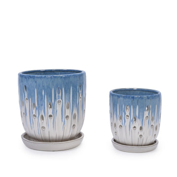 Handmade Blue-White Gradient Ceramic Planter Set (7.48"¡Á5.51" & 8.07"¡Á6.1"), Indoor & Outdoor Flower Pots for Orchids