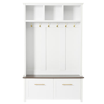 Clihome Versatile 4-in-1 Hall Tree with 6 Golden Hooks, Brown Wood Grain Bench with Multiple Storage Space, Entryway Coat Rack with 2 Drawers for Living Room, Hallway, White, 47.2''W*76.6''H