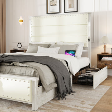 Queen Size Bed Frame with Upholstered Headboard and 4 Storage Drawers , Queen Bed Frame with Charging Station and LED Lights, Wood Slats, Beige Faux Leather & Rivets, No Box Spring Needed